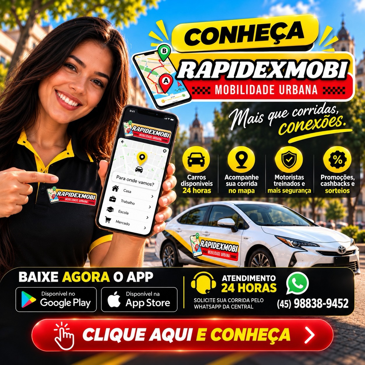 Conheça a RapidexMobi: carros disponíveis 24 horas, acompanhe sua corrida no mapa e motoristas trein...