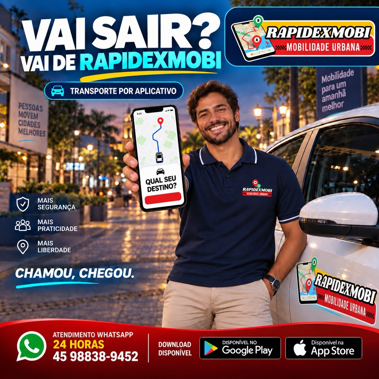 Vai sair? Vai de RapidexMobi. Chamou, chegou. Atendimento WhatsApp 24 horas.